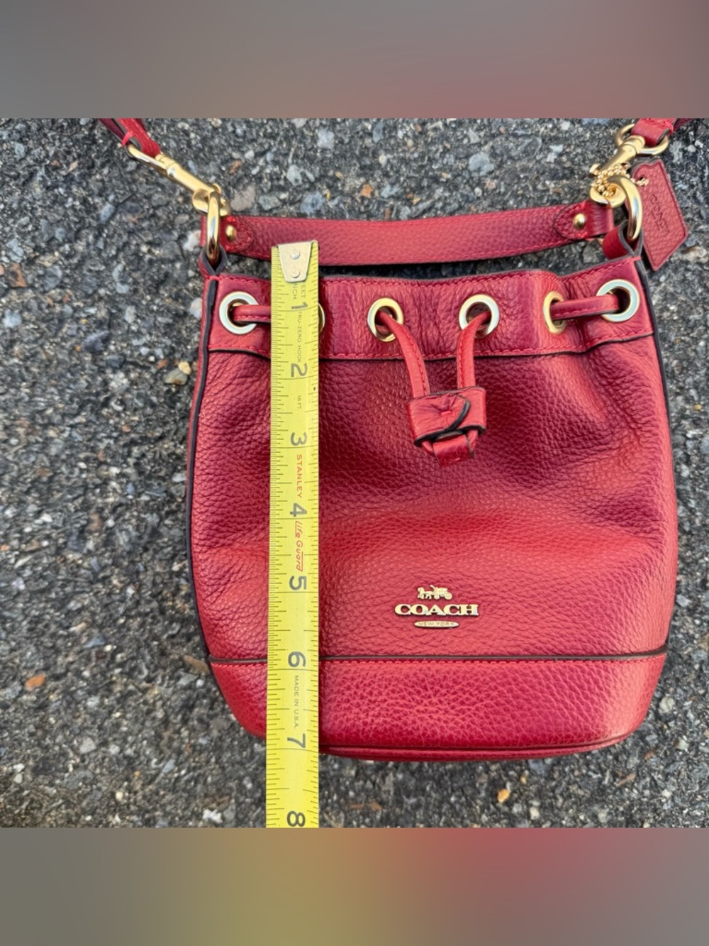 Coach Mini Dempsey Drawstring Leather Crossbody Shoulder Bucket Bag Cherry Red - Picture 9 of 12
